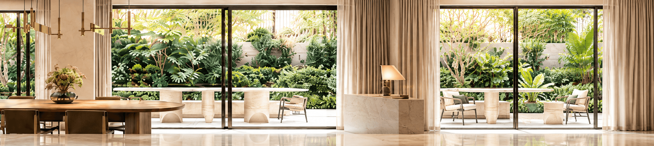Dining room opening onto a tropical garden at the event venue