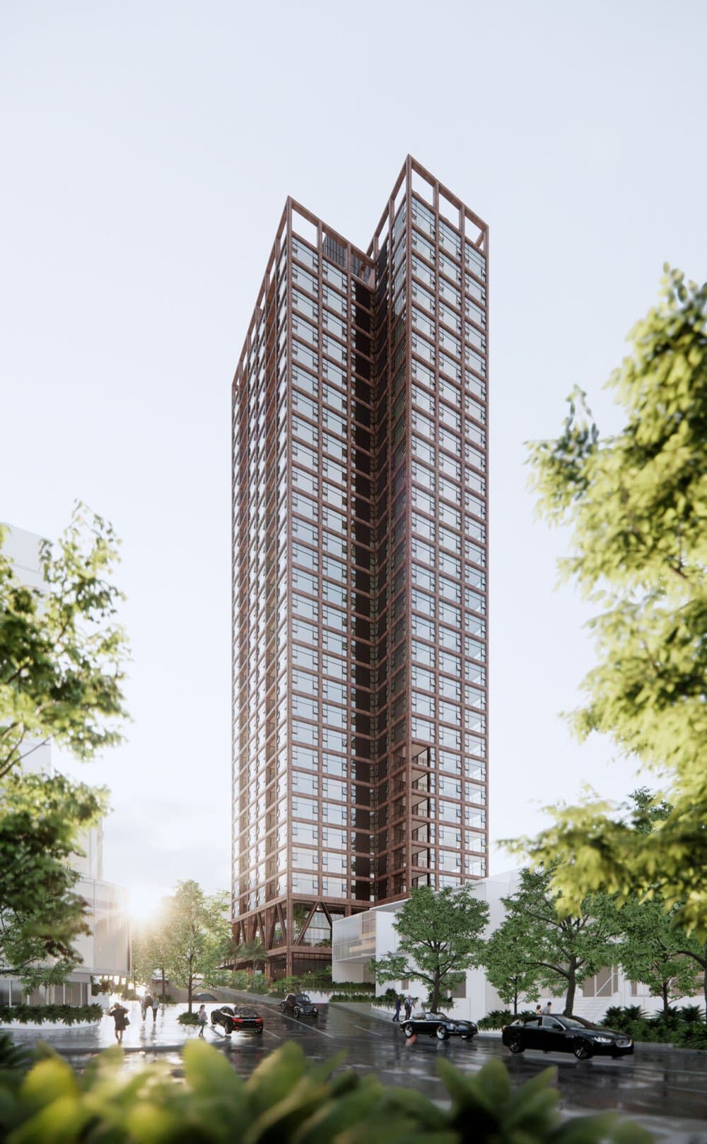 Tall timber-framed residential tower at 185 Wharf Street